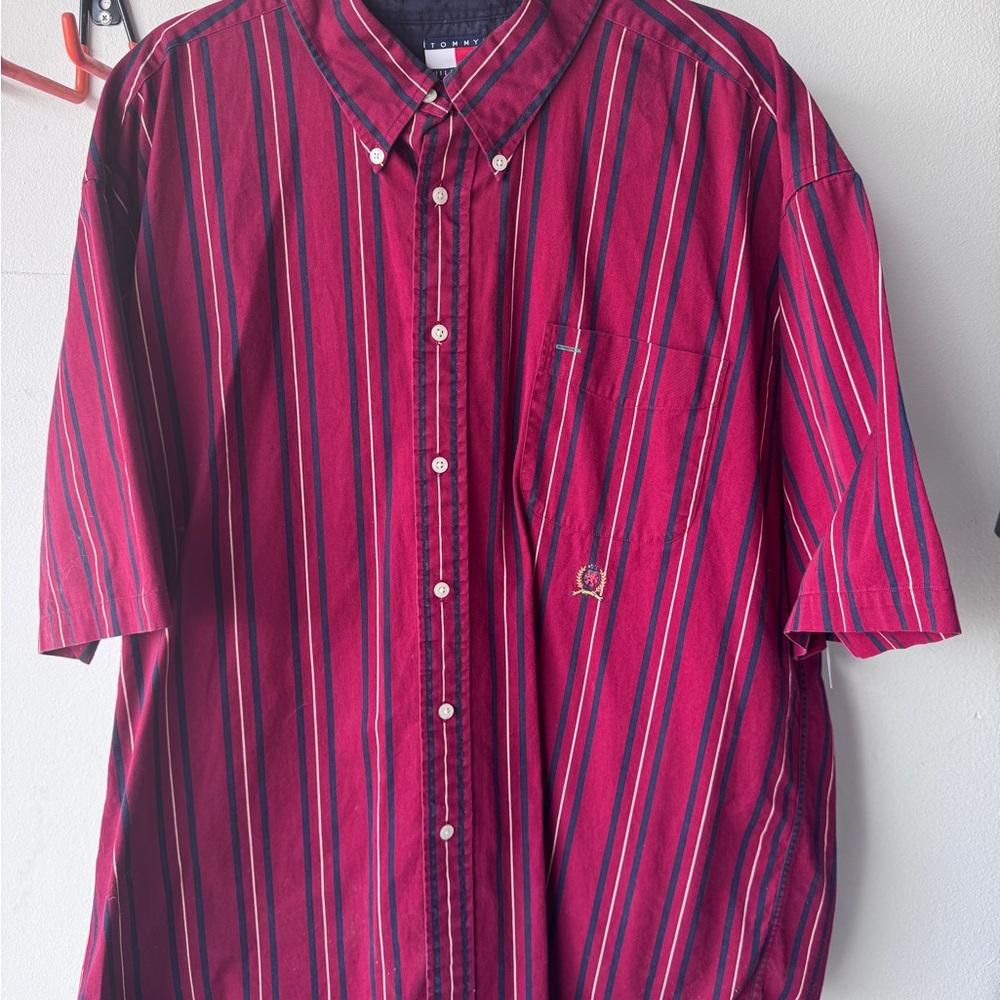 Tommy Hilfiger Men's Burgundy and Navy Striped Shirt